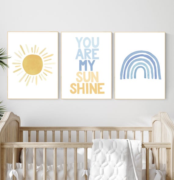 Nursery prints rainbow, mustard yellow and blue, nursery wall decor, rainbow nursery, you are my sunshine, nursery decor neutral, sunshine