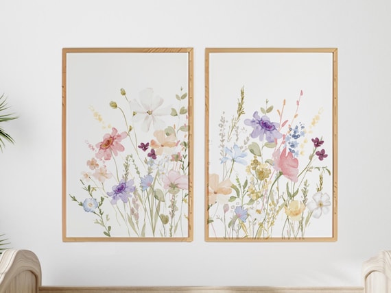 Wildflower Wall Art Set of 2, Pastel Floral Nursery Prints