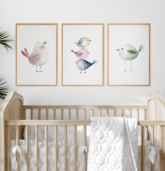 Pastel Bird Nursery Art Prints: Baby Girl Room Decor, Watercolor Set of 3
