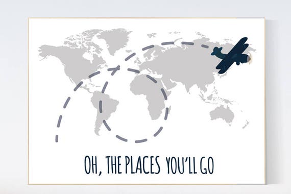 Oh the places you'll go, grey nursery decor, travel nursery decor, World Map wall art, world map nursery, navy gray nursery, grey nursery