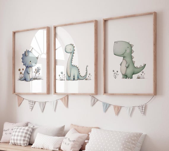 Cute Dinosaur Nursery Wall Art Prints – Set of 3 Baby Dino Pictures – Triceratops, Brontosaurus, T-Rex – Gender Neutral Kids Room Décor