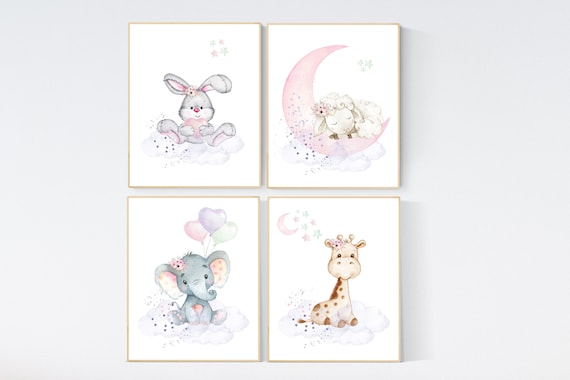 Nursery wall art girl elephant, giraffe, sheep, bunny, pink, mint, purple, cloud and stars, baby room art, girl nursery prints