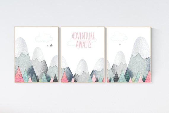 Nursery decor girl mountain, adventure nursery, adventure theme nursery, woodland, gender neutral, adventure awaits, mountains, forest