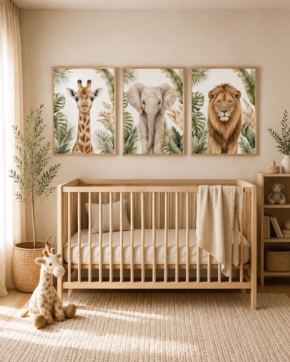 Safari Nursery Wall Art Set, Watercolor Jungle Animals, Neutral Baby Room Decor