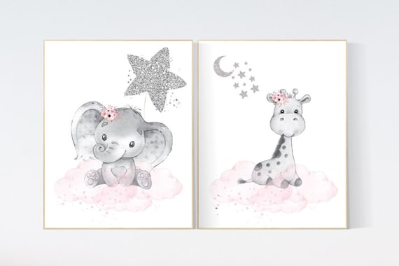 Animal nursery for girl, animal prints, pink silver, elephant, giraffe, nursery decor woodland animals, girl nursery ideas, set of 2 prints