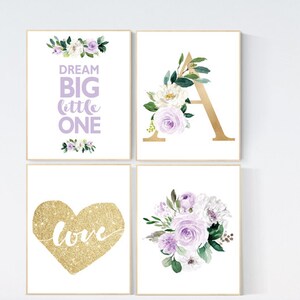 Nursery decor purple, floral nursery, flower nursery, Nursery decor girl name, purple gold, lavender, lilac nursery prints, gold purple