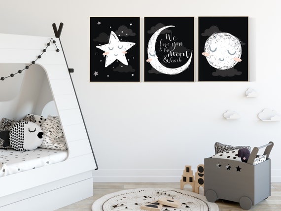 Nursery decor black and white, black nursery, nursery decor neutral, baby room decor gender neutral, moon and stars, nursery decor ideas