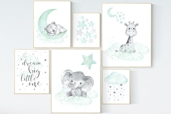 Nursery decor mint, mint green nursery, elephant, giraffe, bear nursery, dream big little one, gender neutral nursery, cloud
