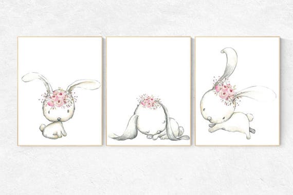 Bunny nursery decor, flower crown bunny, nursery decor girl bunny, nursery decor bunnies, nursery wall art bunny, rabbit nursery art