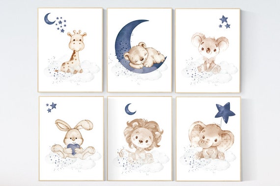 Animal nursery wall art, Nursery decor boy , elephant, bunny, bear, giraffe, lion, koala, baby room art, navy blue nursery, animal prints