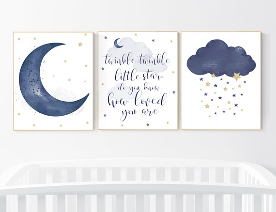 Navy nursery decor, cloud and stars, twinkle twinkle little star, navy gold nursery art. baby room wall art, boy nursery decor, set of 3