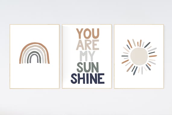 Boho Nursery, rainbow nursery, gender neutral, you are my sunshine, earth colors, rainbow prints, set of 3, boho prints