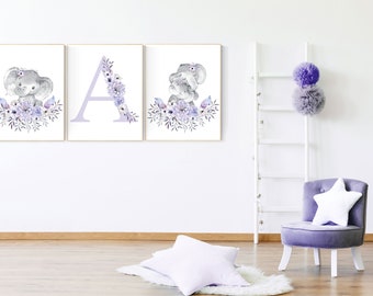 Purple nursery, Boho baby room, nursery wall art elephant, nursery decor girl, nursery decor girl floral, lilac nursery decor, lavender