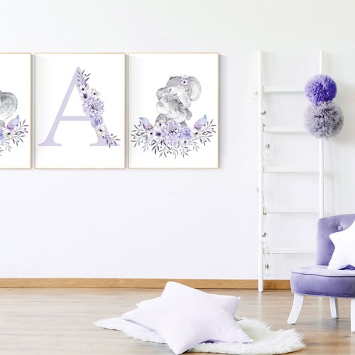 Nursery Wall Art Elephant Nursery Decor Girl Purple Nursery Etsy
