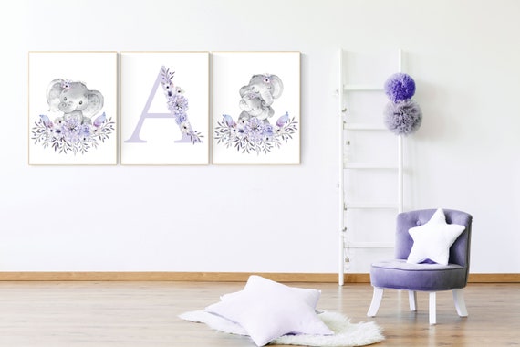 Purple nursery, Boho baby room, nursery wall art elephant, nursery decor girl, nursery decor girl floral, lilac nursery decor, lavender