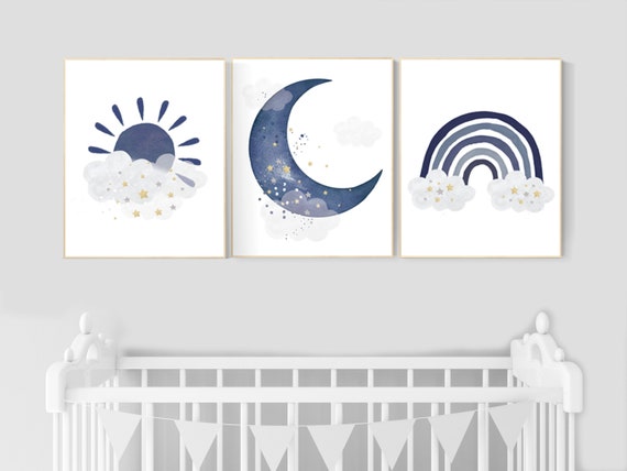 Navy nursery decor, cloud and stars, rainbow nursery, moon and stars, navy blue, gold nursery art, baby room wall art, boy nursery decor
