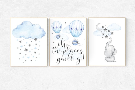 Nursery decor elephant, Nursery decor boy hot air balloon, oh the places you'll go, hot air balloon nursery, blue and gray nursery, elephant