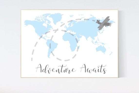 Nursery wall art map, adventure awaits, world map print, nursery decor boy mountains adventure, blue gray, plane nursery decor, blue nursery