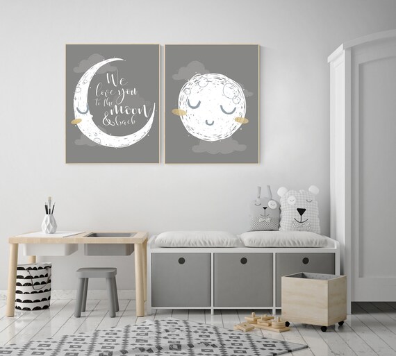 Grey nursery decor, gray nursery decor, sun and moon, grey, moon and stars nursery, gender neutral nursery wall art, sunshine, moon