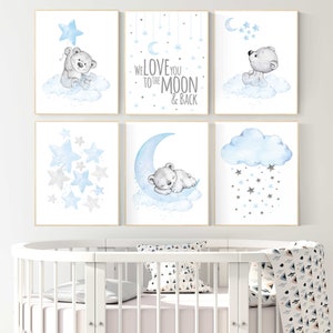 Nursery decor boy bear, boys nursery prints. nursery decor boy ideas, nursery art ideas, baby blue, grey, nursery wall art, sky, moon, stars