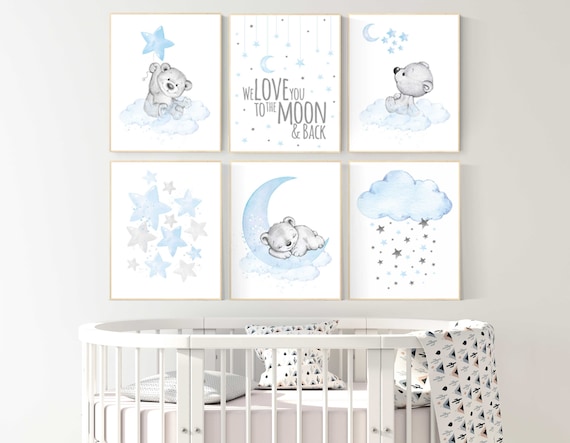 Nursery decor boy bear, boys nursery prints. nursery decor boy ideas, nursery art ideas, baby blue, grey, nursery wall art, sky, moon, stars