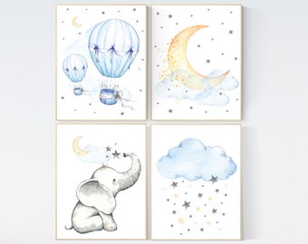 Nursery wall art elephant, nursery decor hot air balloons, cloud nursery decor, Nursery decor neutral, moon and stars nursery gender neutral