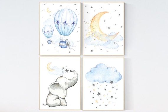 Nursery wall art elephant, nursery decor hot air balloons, cloud nursery decor, Nursery decor neutral, moon and stars nursery gender neutral