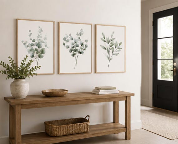 Botanical Wall Art Set of 3, Green Eucalyptus Prints, Minimalist Plant Wall Decor