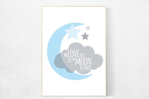 We love you to the moon and back, nursery decor, blue nursery decor, moon nursery, elephant nursery, nursery wall art, baby room decor, gift