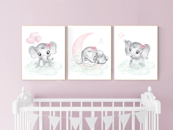 Nursery decor girl pink mint, elephant nursery wall art, pink and mint, moon, stars, nursery prints, baby room decor, girl nursery wall art