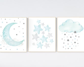 Teal Nursery Decor Prints: Moon, Stars, Cloud (Set of 3)