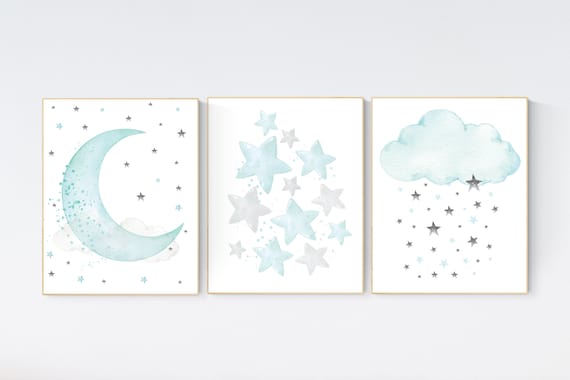 Nursery decor teal, teal nursery wall decor, stars, nursery decor gender neutral, moon nursery, moon, star, cloud nursery, gender neutral