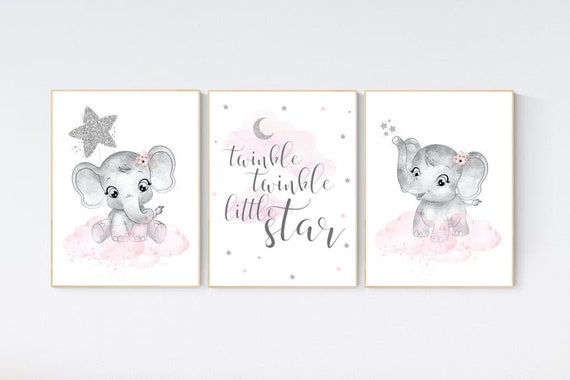 Girl nursery decor, pink and silver, elephant nursery prints, nursery wall art girl, baby girl elephant nursery decor, girl nursery wall art