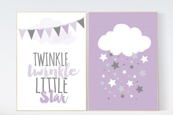 Purple nursery decor, Twinkle Twinkle Little Star, baby girl nursery wall art, new baby gift, purple gray nursery, cloud Nursery Art