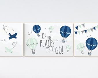 Adventure Awaits Nursery Prints: Airplane, Hot Air Balloon, World Map