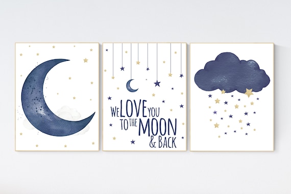 Navy nursery decor, cloud and stars, moon and stars, navy gold nursery art. baby room wall art, boy nursery decor, set of 3, nursery art