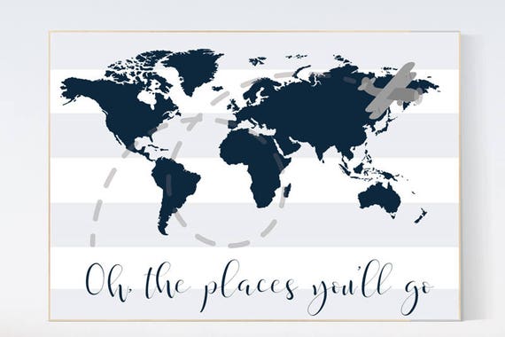 Oh the places you'll go, navy blue wall art, navy nursery, travel nursery, nursery decor boys, world map nursery, navy nursery, navy gray