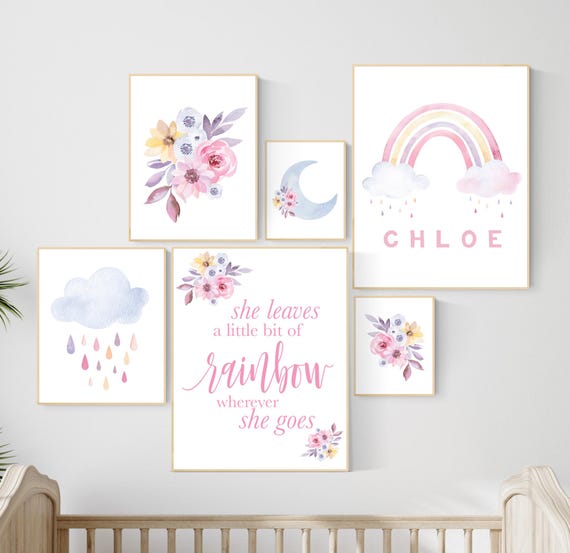 Personalized Rainbow Wall Art – She Leaves a Bit of Rainbow Quote, Moon, Clouds & Flowers – Custom Name Nursery Decor for Girls