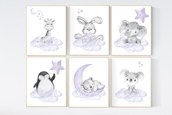 Purple nursery, animal prints, Nursery decor girl lavender, girl nursery wall art, animal nursery, nursery prints animals, baby room decor
