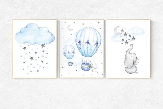 Nursery decor elephant, Nursery decor boy hot air balloon, hot air balloon nursery, blue and gray nursery, elephant, boys room decor, gray