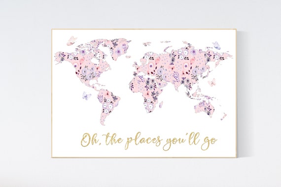 Floral World Map, Girl Nursery Decor, Travel Nursery Art, floral Nursery Print,  blush nursery, Nursery baby girl room, Adventure Awaits