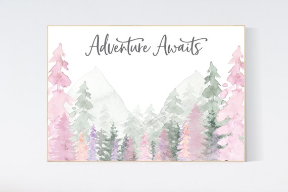 Nursery decor woodland, mountain wall art, tree nursery decor, adventure theme nursery, forest, pink, green, purple and blush pink