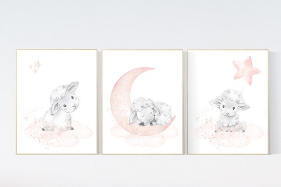 Nursery decor lambs, Nursery decor girl peach, sheep nursery, cloud and stars, moon and stars nursery, blush grey, sheep nursery