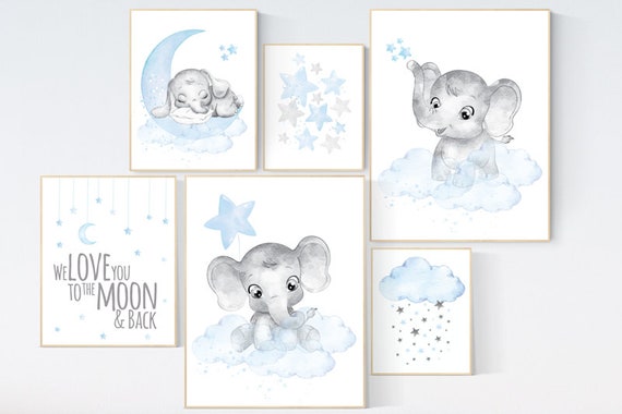 Nursery decor boy elephant, nursery wall art boy, Blue gray, baby room art elephant, nursery wall decor, we love you to the moon and back