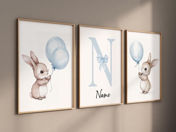 Baby boy nursery art, personalized bunny print, custom baby name poster, watercolor rabbit decor, blue balloon nursery wall art, boy nursery