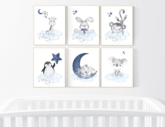 Nursery decor boy animals, nursery wall art boy, navy blue, animal prints for nursery, navy blue nursery wall decor, set of 6 prints