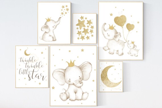 Baby room wall art, baby room decor girl, gold nursery decor, gold nursery print, elephant nursery, star nursery theme, elephant family