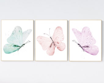 Butterfly nursery decor, pastel nursery decor, girl room decor, girl nursery, butterfly prints, pink nursery, purple nursery, teal nursery