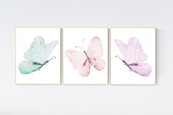 Butterfly nursery decor, pastel nursery decor, girl room decor, girl nursery, butterfly prints, pink nursery, purple nursery, teal nursery