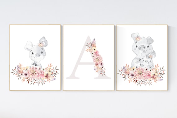 Nursery decor girl boho, piglet nursery wall art, nursery decor girl floral, nursery decor girl pig, floral nursery, boho nursery